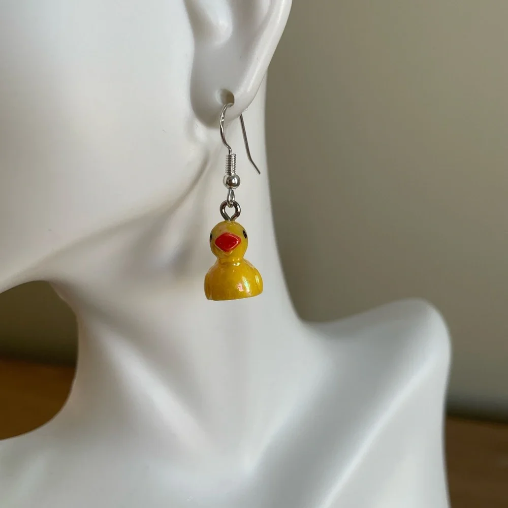 HAND CRAFTED “RUBBER DUCKY” EARRINGS Yellow Acrylic Ducks Miniature Novelty Fun